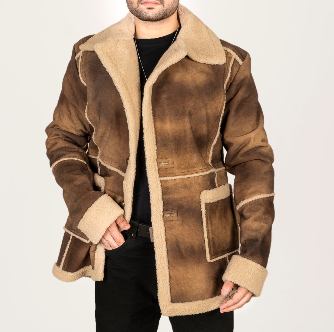 Madrush Brown Long Shearling Leather Coat For Men
