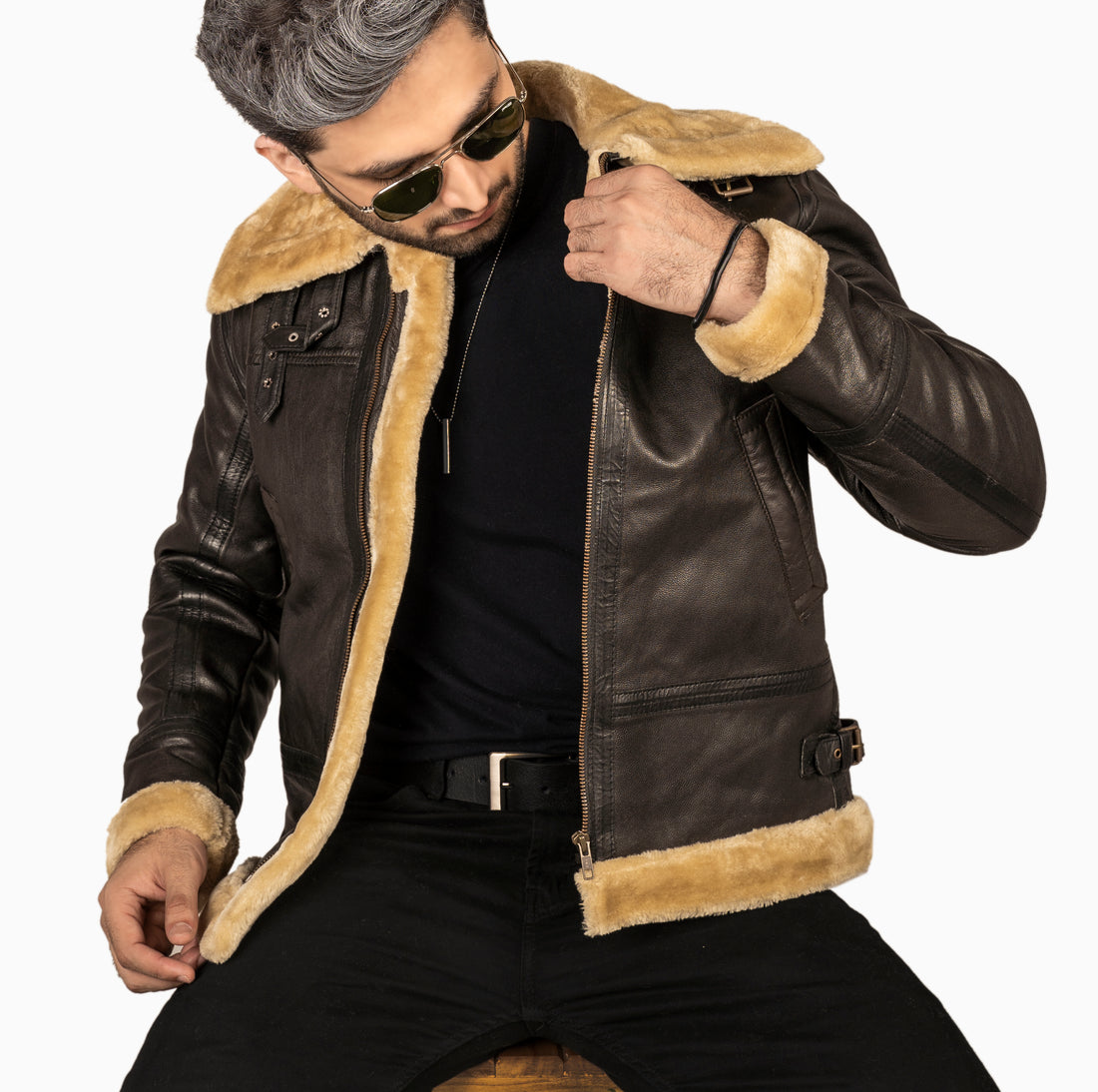 Men's Chocolate Brown  Faux Fur Leather Jacket- Handmade And Sheep Skin Leather B3 Shearling Jacket