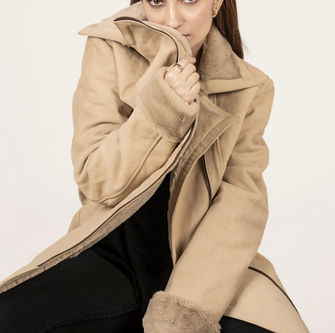 Beige Shearling Long Coat For Women
