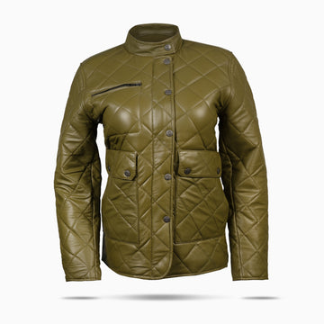 Olive Green Dimond Stitched Leather Jacket For Women