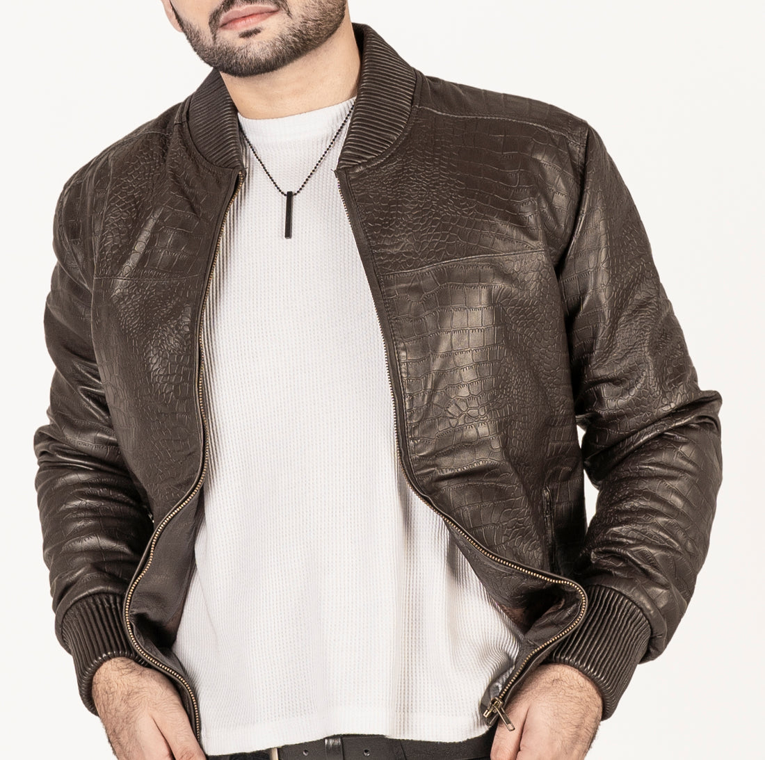 Brown Bomber Crocodile Leather Jacket For Men