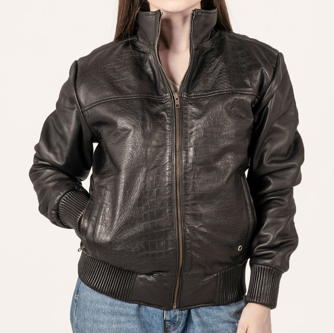 Black Bomber Crocodile Leather Jacket For Women